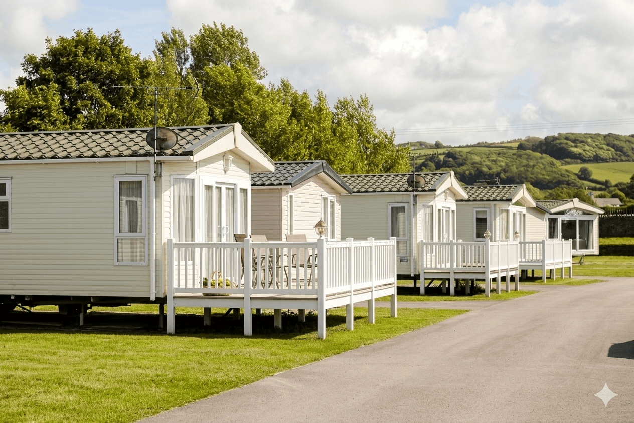 Row of static caravans with decking set among green hills